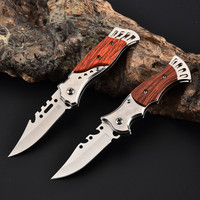 Couteau de camping d'extérieur, couteau pliant à manche en bois, lame en acier inoxydable à pointe tombante, couteau de poche EDC pour l'extérieur