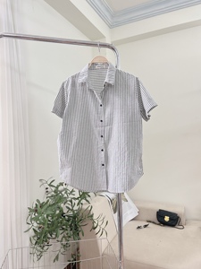 Blusa de Verano TN03 para Mujer, Camisa de Manga Corta con Rayas Finas Pastel, Corte Holgado, Algodón Slub, Talla Única - Product Image 2