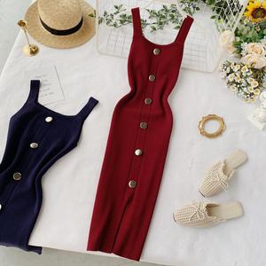 Robe d'été élégante en maille pour <span class=keywords><strong>femme</strong></span>, coupe ajustée, magnifique col carré, sans manches, décontractée, chemises pour femmes en gros - Product Image 4