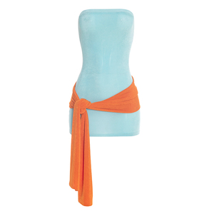 Viviblook Y26DS038 Women Spring Summer New Strapless Off Shoulder Color Blocking Ribbon Bodycon <b>Mini</b> Party Dress - Product Image 6