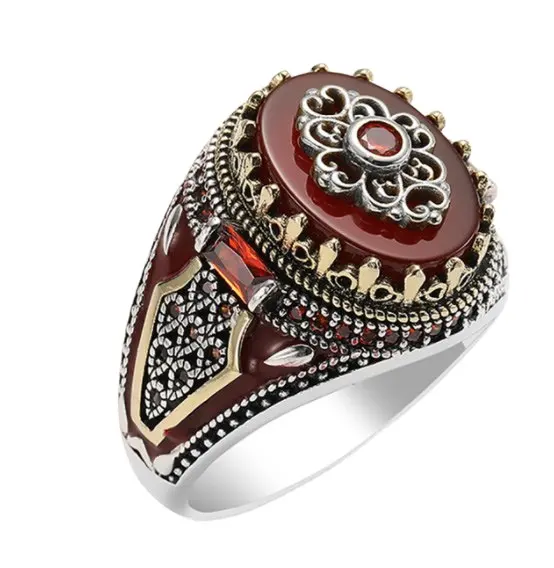 Factory Direct 925 Silver Sterling 2 Colors Vintage Fashion Design Red Agate Rings Punk Style Inlaid Ruby Ring Women MenJewelry