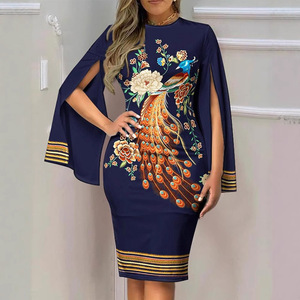 Dropshipping Shopify Plus Size Womens Floral Print Crew Neck 3/4 Sleeve Flare Sleeve <b>Midi</b> <b>Dress</b> Casual Summer - Product Image 2