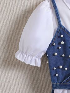 Wholesale Girls' Solid Short-sleeve <b>Patchwork</b> Petticoat With Beaded Denim Suspender Vest and Bag Girls Clothing Set 4-7Y - Product Image 5