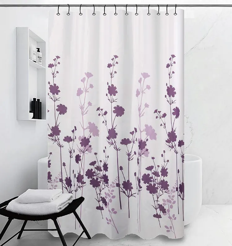 Hot Sale Printed Floral Pattern Luxury Canvas Fabric Shower Curtain Set With 12 Beaded Metal Hooks For Bath