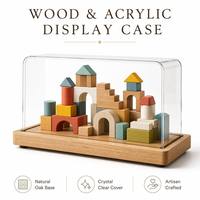 Kotak Pajangan Akrilik Transparan dengan Alas Kayu, Dekorasi Meja Blok Bangunan Geometris, Kotak Pajangan Modern untuk Rumah, Hadiah untuk Kamar Anak