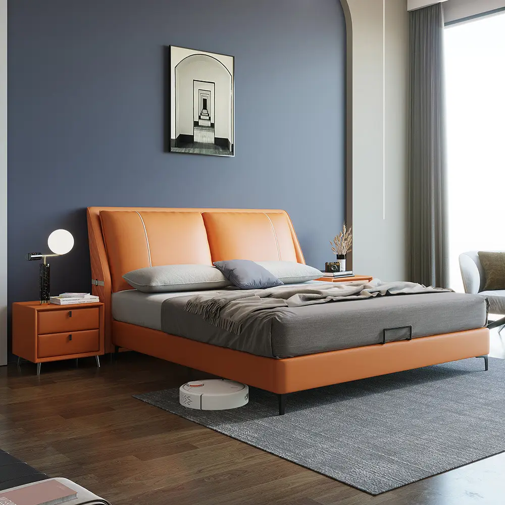 이탈리아 럭셔리 디자인 킹 사이즈 목재 가구 세트 현대 덮개를 씌운 가죽 공주 침실 와이드 헤드 보드 더블 침대