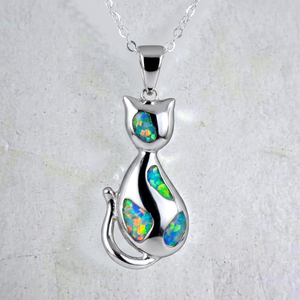 Collier pendentif opale mexicaine en argent sterling 925 sans nickel, plaqué or rhodié, pendentifs mignons en forme de chat, style animal, unisexe - Product Image 1