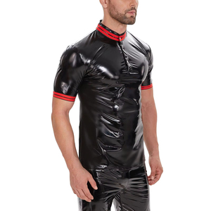 T-shirts en cuir PU et PVC pour hommes, chemises brillantes à col rond avec boutons, shorts de fitness moulants, t-shirts en <span class=keywords><strong>latex</strong></span> à manches courtes, costumes gothiques pour boîte de nuit, 7XL - Product Image 3