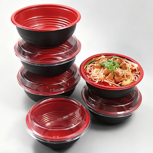 Bol à soupe asiatique Donburi en plastique de 36oz, rouge et noir, bols à soupe chauds <span class=keywords><strong>chinois</strong></span> jetables avec couvercles - Product Image 1