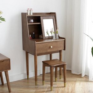 Nordic Solid Wood Dressing <b>Table</b> Walnut Color With <b>Mirror</b> Storage Bedroom <b>Vanity</b> And Stool Set - Product Image 1