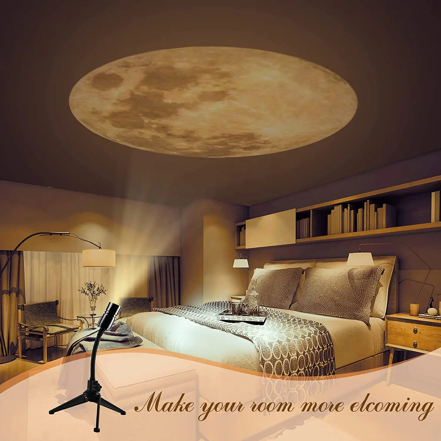 โคมไฟ LED ฉายดวงจันทร์แบบหมุนได้, 2ใน1โคม360โปรเจคเตอร์ท้องฟ้าเป็นรูปดาวไฟกลางคืนสำหรับตกแต่งห้องนอนในบ้าน