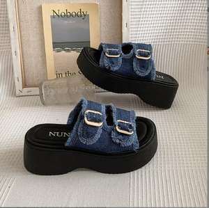 Nuevas zapatillas francesas informales con punta abierta para <span class=keywords><strong>mujer</strong></span>, zapatillas de lona vaquera de suela gruesa de doble <span class=keywords><strong>fila</strong></span>, zapatillas deslizantes para exteriores de verano - Product Image 6