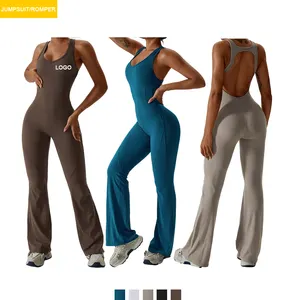 Flare Quần Áo Thể Thao Skinny Mùa Đông Giản Dị Activewear Đen Chân Rộng Đồng Phục Tùy Chỉnh Dệt Kim Phụ Nữ Bodycon Rompers Phụ Nữ Jumpsuit