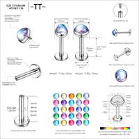 Piercing à dos plat en titane ASTM F136 avec cabochon en verre irisé effet aurore, boucle d'oreille hypoallergénique pour cartilage, vente en gros