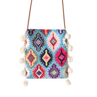 Nouvel Arrivage Sac Téléphone Bandoulière Femme Style Ethnique Tendance Artistique Bohème avec Pompom et Porte-Monnaie à Sangle Unique et Fermeture Magnétique