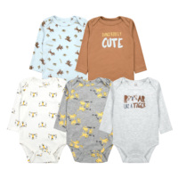Lot de 5 grenouillères en coton pour bébé, manches longues, fermeture boutonnée, 9-12 mois, motif brodé mignon, été