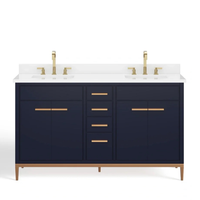 Meuble-lavabo moderne en bois massif étanche avec vasque sur plan, modèle 3D, armoire de salle de bain avec panneau de porte laqué, surface bleu marine