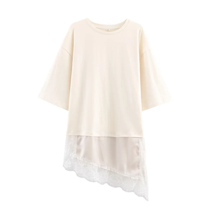 Nuova Moda 2026: T-shirt da <span class=keywords><strong>Donna</strong></span> Slim Fit con Collo Tondo, Maniche Corte e Dettagli Asimmetrici in <span class=keywords><strong>Pizzo</strong></span> e Canapa - Product Image 2