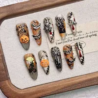 Faux ongles à presser en gros, faits main, couleur caramel, forme longue, en acrylique, avec accents citrouille pour Halloween