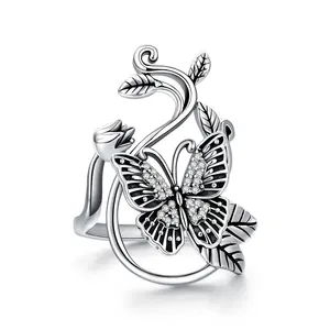 Party Custom Engraved Cubic Zircon 925 Sterling Silver Vintage Butterfly Flower Leaves Ring