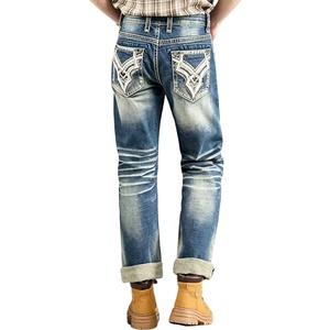 Heavy Stitch Men’s <b>Embroidered</b> Back pockets Stock Denim <b>Jeans</b> Mid Waist Washed Straight Leg fashion <b>jeans</b> - Product Image 1
