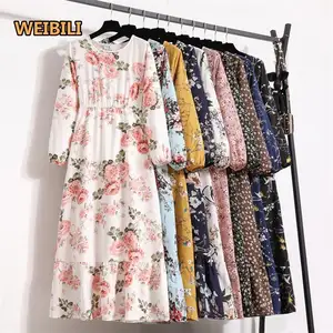 Wholesale Ladies Casual Long Dress Floral Print Round Neck Chiffon Elegant Long Sleeve A-line Dress For Women