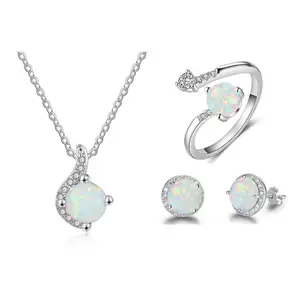 925 Sterling Silver Jewelry Sets Dainty Synthetic Opal with CZ Sets Opal Ring Earrings Chain Necklace Engagement Jewelry Sets