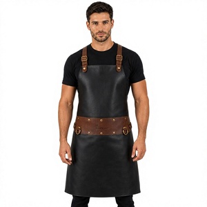 Tablier unisexe en cuir noir avec bretelles et ceinture marron, motif gaufré, fermeture à bouton-pression, manches courtes, idéal pour la restauration et les bars - Product Image 1