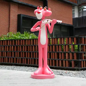 Escultura de Pantera Rosa de dibujos animados, escultura de globo, adornos de exhibición, productos de fibra de vidrio para el Campus Park