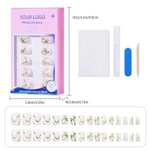 Uñas Postizas Blancas Minimalistas con Diseño de Lazo Verde, Uñas Artificiales de ABS con Pegamento, Uñas Postizas Cortas y Cuadradas para Salón de Belleza - Product Image 1