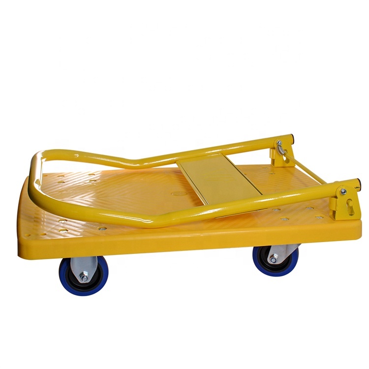OEM Customizable MS Easy Folding Flatbed Hand Cart Yellow Industrial Four-wheel Folding Platform Trolley Trucks
