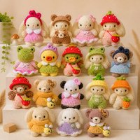 KAIYUE Häkel-Spielzeug Maßgefertigtes Handgemachtes Kawaii Stofftier-Set mit Kleidern, Hüten und Accessoires