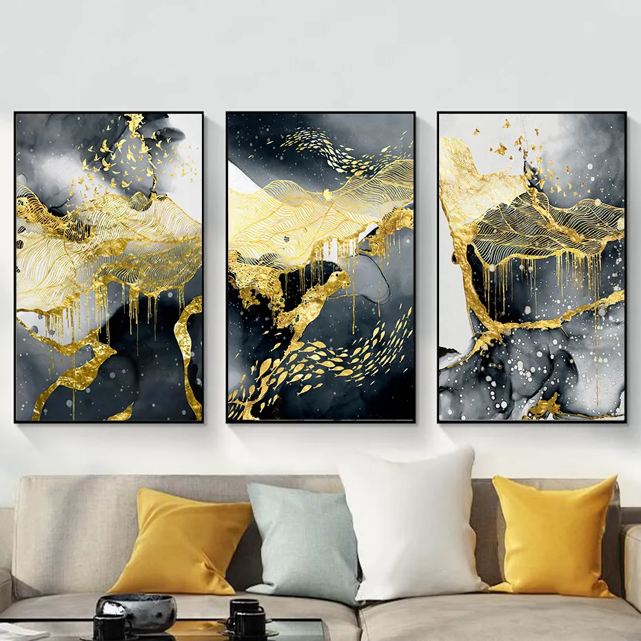 Pintura abstracta de pared para decoración del hogar, lienzo con impresiones artísticas sin marco, color dorado, negro y líquido, para sala de estar