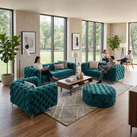 Ensemble de canapés de bureau en velours bleu sarcelle capitonnés, mobilier professionnel pour environnement professionnel avec éclairage d'ambiance doux