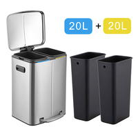 Poubelle de recyclage à deux compartiments de 40 L, grande poubelle en acier inoxydable, poubelle à pédale, 20 L et 20 L, poubelles de recyclage pour les déchets de cuisine