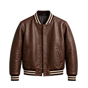 Men's Brown Leather Varsity Jacket Striped Rib Collar Snap Button Bomber Jacket Casual Fashion Outerwear Streetwear Jacket - Product Image 2