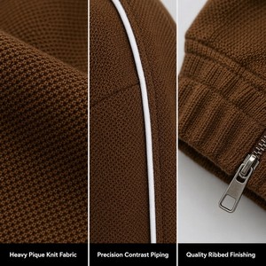Ensemble de survêtement décontracté 2 pièces pour homme, personnalisé, avec veste zippée intégrale à col montant en maille texturée marron, et pantalon de jogging à cordon de serrage avec passepoil contrastant, en tissu gaufré, OEM - Product Image 3