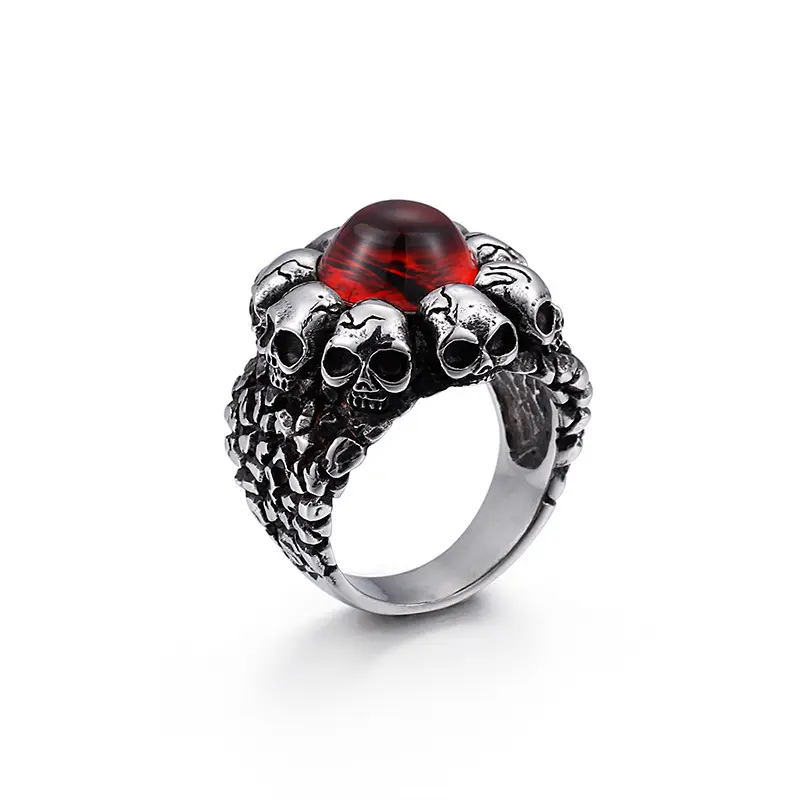 Anillo de calavera de rubí para hombre, piedra natural, acero inoxidable, venta al por mayor