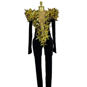 Tute con Paillettes e Strass Gold Star per Donne, Abiti da Club Notturno, Body Intero per Cantanti, Showgirl, Outfit da Festival, Tute da Ballerina - Product Image 1