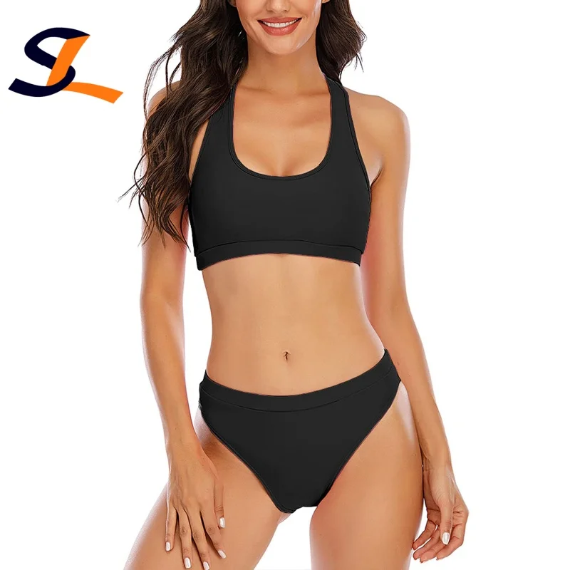 Factory Custom New Sexy Solid Two Piece Bikini Bandeau Ring Swimsuit Women High Waist Thong Fitness Swimwear