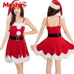 Costume de Noël pour femme Mesbin, robe en velours rouge avec bordure en fourrure blanche, tenue de fête de Noël, taille adulte - Product Image 2