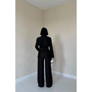 Elegant Black Belted <b>Suit</b> Set Women's Satin Pants <b>Jacket</b> Anti-Wrinkle 100% Polyester - Product Image 1