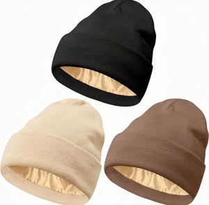 Solid Jacquard Knit <b>Winter</b> Beanie <b>Hats</b> for <b>Men</b> Women Silk Satin Lined Soft Warm Slouchy Cuffed Washable <b>Hat</b> Promotion Gift - Product Image 1