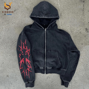 Sweat à capuche court et ample pour homme, sans cordon de serrage, à double fermeture éclair, avec logo personnalisé sérigraphié, effet vieilli, délavé à l'acide, en tissu épais - Product Image 1