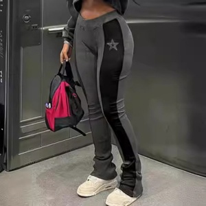 Vivibloook Z1126PT 2024 nuevos pantalones de cintura alta acampanados ajustados de diamantes de imitación de Color contrastante de moda para mujeres pantalones de Fitness - Product Image 1