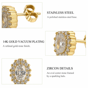 Boucles d'oreilles ovales Halo, en acier inoxydable et zircon avec placage sous vide or 14 carats, options de couleur or et argent - Product Image 3