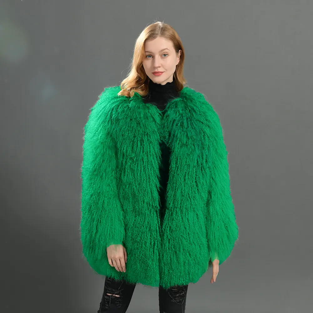 Wholesale New Fashion Design Winter Jacket Green Real Mongolian Lamb Fur Coat Women
