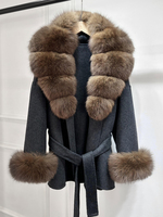JANVENY 2025 Nouvelle veste courte en laine et cachemire pour femme, avec ceinture et poches, mélange de laine, poignets en fourrure de renard véritable naturelle
