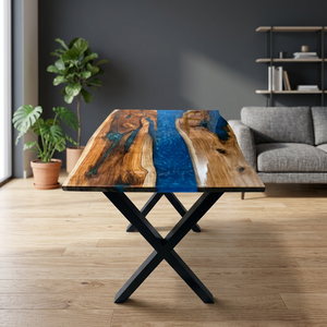 High-End Blue <b>Epoxy</b> <b>Resin</b> Dining <b>Table</b> – Solid Wood Luxury Furniture with Modern Metal Legs - Product Image 1
