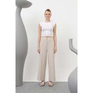 Pantalon plissé beige élégant pour femme Puane avec fermeture éclair et plis, idéal pour le bureau ou les occasions décontractées, Modèle 18228PNT - Product Image 1